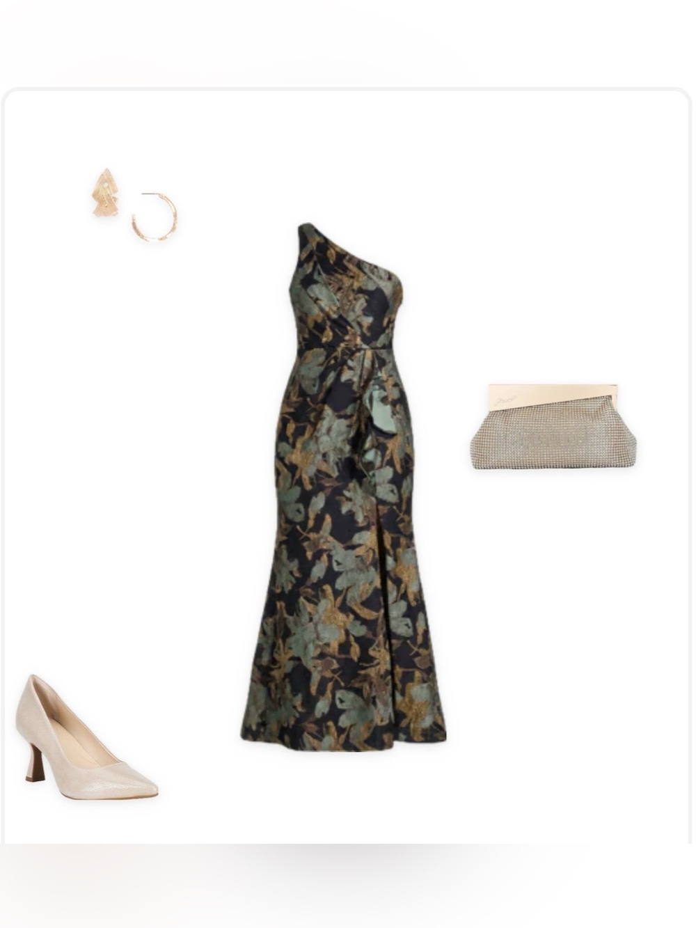 Adrianna Papell Black One-Shoulder Floral Jacquard Gown with Gold Accents - Picture 3 of 16